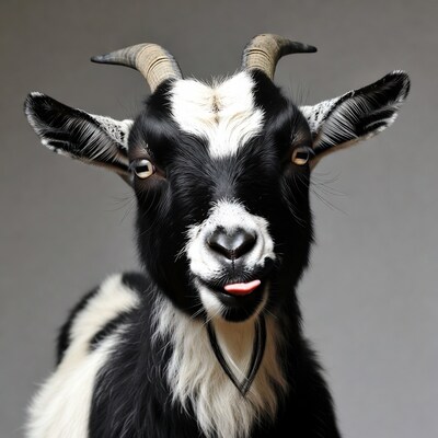 Black and white goat sticking out tongue