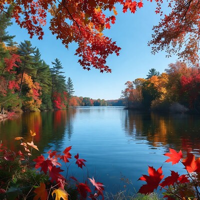Autumn Lake with Red Maple Trees