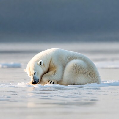 Polar bear sleeping on ice