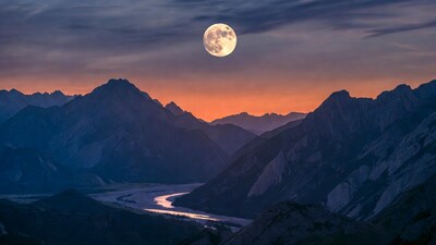Full Moon Over Mountain River Valley