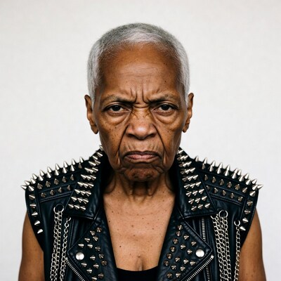 Elderly African-American woman in spiked leather jacket