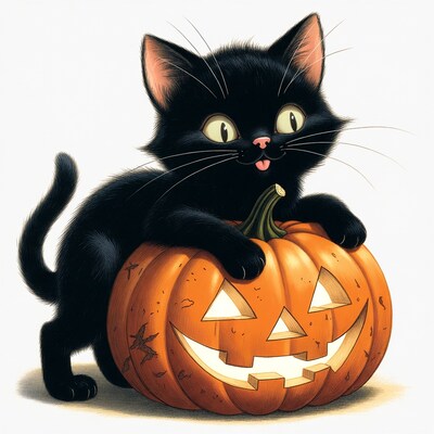 Black kitten hugging jack-o-lantern pumpkin