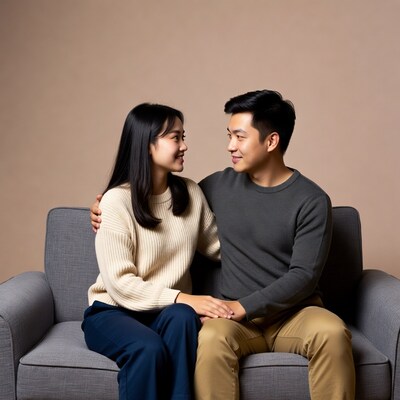 Asian couple embracing on sofa