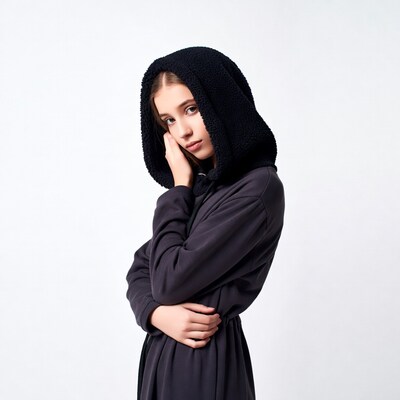 Girl in black hoodie touching face