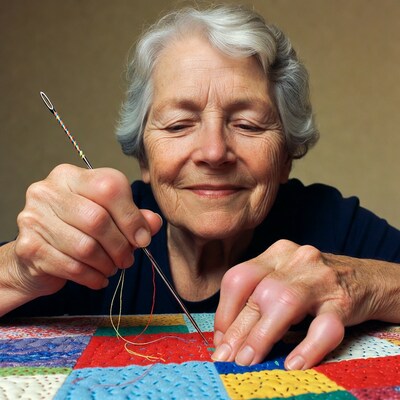 Elderly woman quilting patchwork