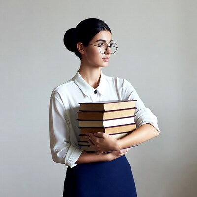 Woman holding stack of books