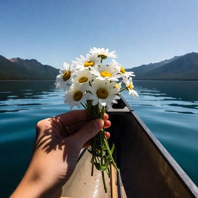 Hand holding daisies in canoe on lake