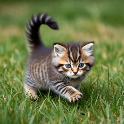 Tabby kitten walking on grass