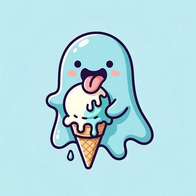 Cute blue ghost eating ice cream cone