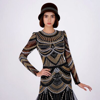 Asian woman in beaded flapper dress