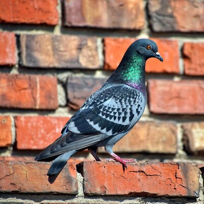Pigeon perched on brick wall