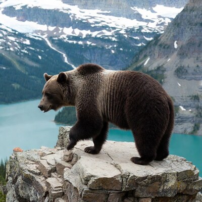 Grizzly bear on cliff overlooking turquoise lake