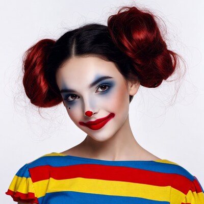 Girl in clown makeup with red pigtails