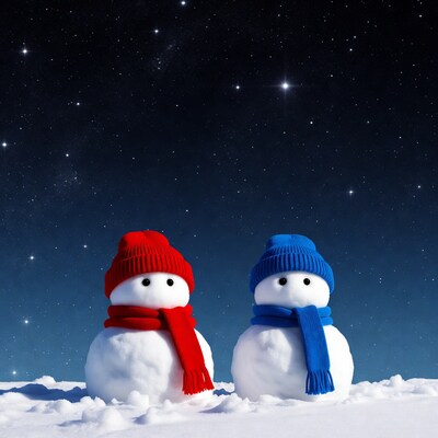 Red and Blue Snowmen under Starry Sky