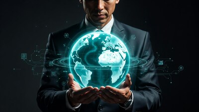 Businessman holding digital globe