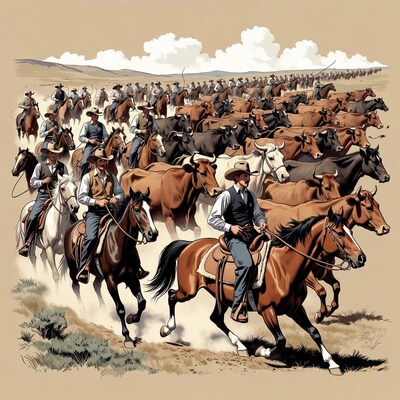 Cowboys herding cattle on horseback