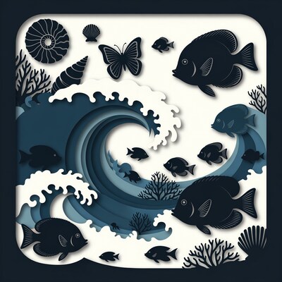 Paper Cutout Ocean Wave with Fish