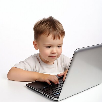 Toddler boy using laptop