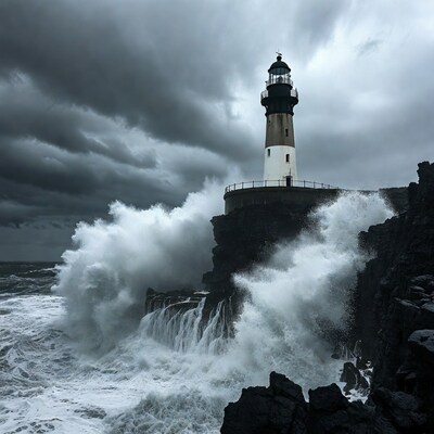 Lighthouse amid crashing waves