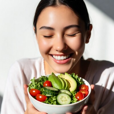 Asian woman holding fresh salad bowl