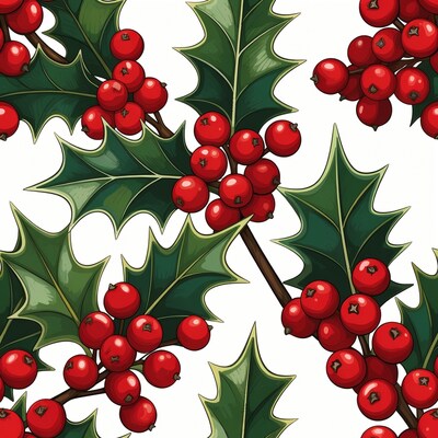 Holly Berries Leaves Seamless Pattern
