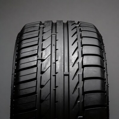 Black car tire on gray background