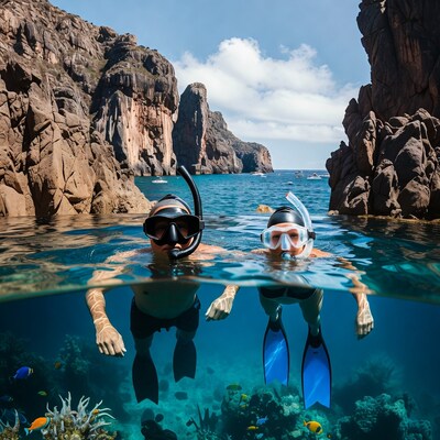 Couple snorkeling between cliffs and coral reef