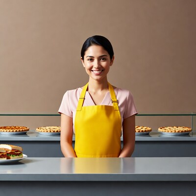 Asian woman in yellow apron at bakery counter
