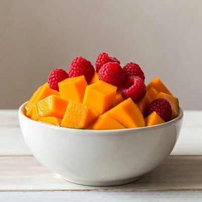 Mango Chunks with Raspberries in Bowl
