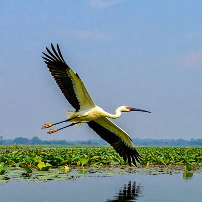 Black-necked Stork Flying Over Lily Pads