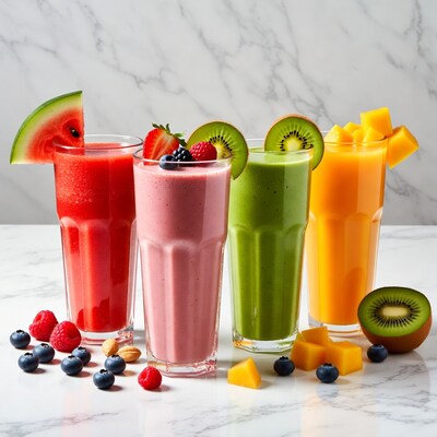 Four Colorful Fruit Smoothies with Fresh Toppings