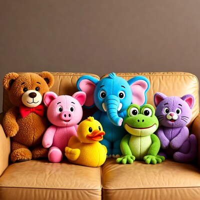 Colorful plush animals on leather sofa