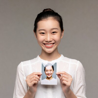 Asian woman holding photo of herself