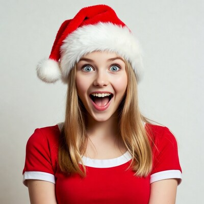 Blonde girl in Santa hat smiling wide