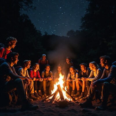 Group around campfire at night