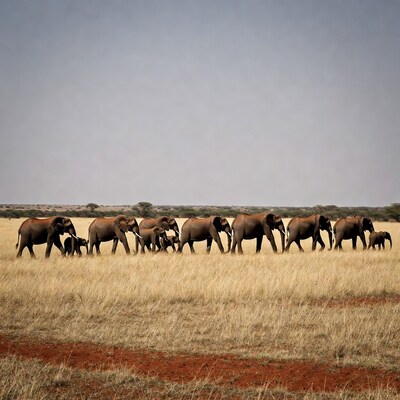 Elephant herd walking in savanna grass