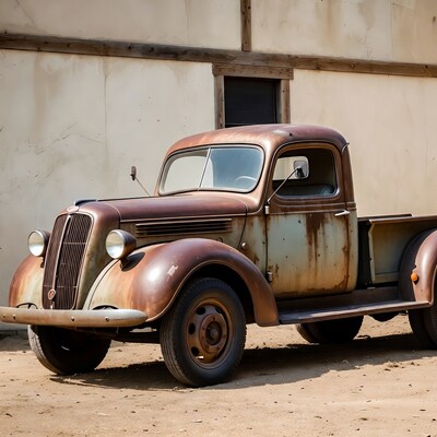 Rusty vintage truck against barn wall