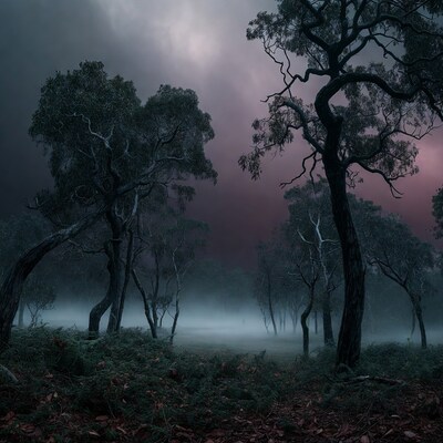 Misty eucalyptus forest at dusk