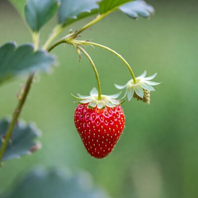 Ripe strawberry on green stem
