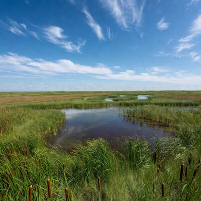 Cattail Marsh with Pond under Blue Sky