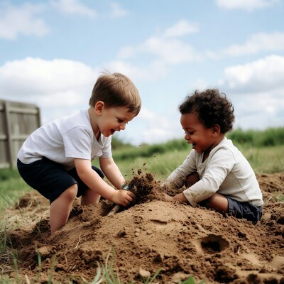 Two boys playing in dirt pile
