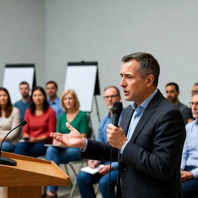Man speaking at podium with audience