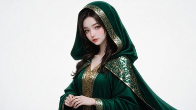 Asian woman in green hooded robe