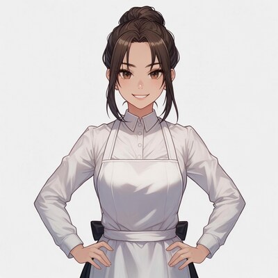Anime woman in white apron
