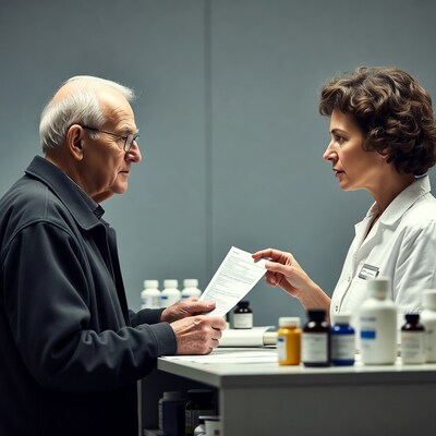 Elderly man and female pharmacist reviewing prescription