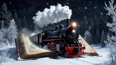 Steam Train Emerging from Open Book