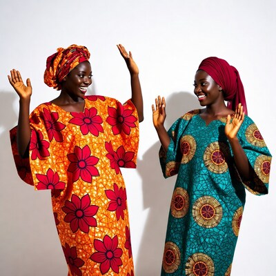 Two African women dancing in Ankara dresses