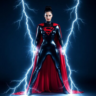 Woman in Supergirl costume with lightning