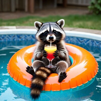 Raccoon relaxing in pool float with cocktail