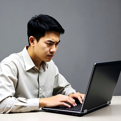 Asian man typing on laptop